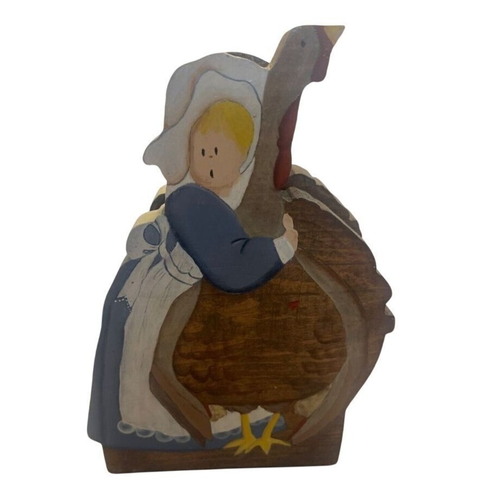 VTG Hand Painted Napkin Holder Pilgrim Saving The‎ Thanksgiving Turkey